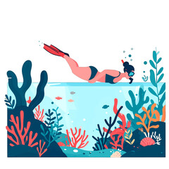 Illustration of a Woman Snorkeling with Underwater Life Coral Reef in Clear Waters with Red Flippers and Blue Swimsuit