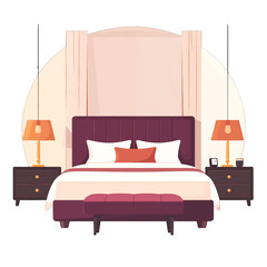 Pixel Art Bedroom with Dark Wood Nightstands and Hanging Lamps in White Background