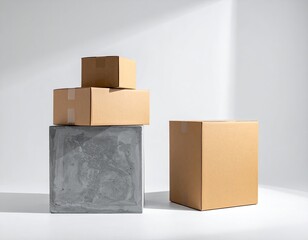 Stacked boxes on concrete, single box beside. Light and shadow
