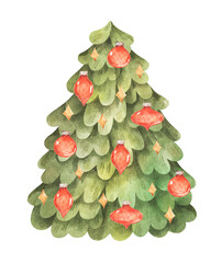 Christmas tree. Watercolor hand-drawn illustration isolated on white background. Design element for Christmas or New Year greeting card or invitation