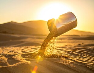 Tipped can pours sand in dunes under bright sunlight.