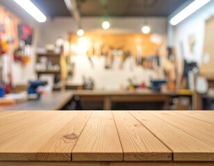 Light-filled workshop, blurred background, wooden tabletop