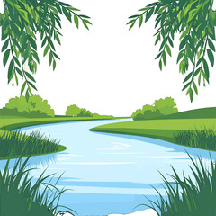 Serene Landscape Illustration of a Winding River Surrounded by Lush Greenery and Weeping Willow Trees Creating a Peaceful Tranquil Scene
