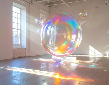 Iridescent orbs hang, light dancing on floors