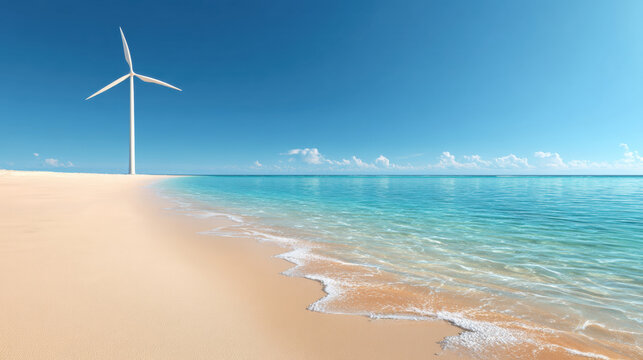 Coastal Wind Turbine, A minimalist scene of a single wind turbine standing tall along a clean, sandy beach with a calm blue sea in the background. Coastal power.