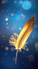 Golden feather floats against a bokeh-filled blue backdrop