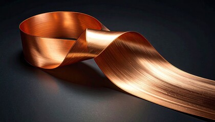 Shiny copper strip curls gracefully against a dark background