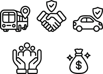 Conceptual Pictorial Illustrating Transportation, Agreement, Car, Humanity, and Finance Depicted with Black Outlines on an Isolated White Background, Illustrative Iconography