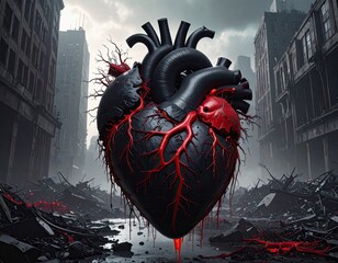 Heart in destroyed city, dark, veinous, with urban decay