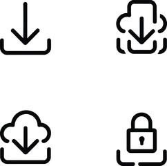 Illustrative Icons Presenting Downloading from the Cloud, File Retrieval, Data Protection, and Secure Digital Storage, Black and White Modern Style