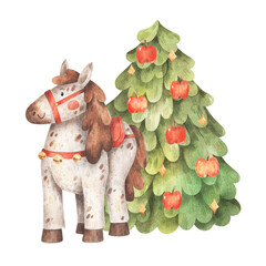 Cute cartoon horse with Christmas tree decorated with apples. Watercolor illustration isolated on white background. Hand-drawn white horse, symbol of New Year. Christmas greeting card template