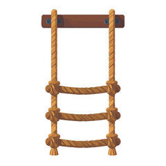 Detailed Vector Illustration of Simple Rope Ladder with Wooden Top Piece and Knotted Steps Against a White Background