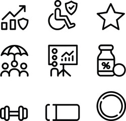 Collection of Business and Healthcare Insurance Icons Depicting Growth Disability Protection Teamwork Meeting Nutrition Weightlifting and Security for Comprehensive Coverage