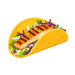 Grilled Salmon Taco with Green Lettuce and Red Cabbage in Yellow Corn Tortilla on White Background