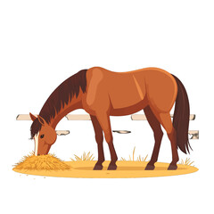 Pixelated Brown Horse Eating Hay Near Fence in Isolated White Background