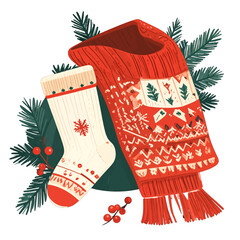 Festive Holiday Still Life with Red Scarf Cream Sock and Green Pine Branches