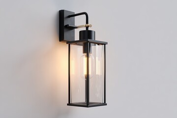 Black rectangular wall-mounted lantern with clear glass panels, a visible Edison-style bulb, and brass accents, illuminated against a white background