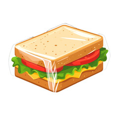 Isometric Sandwich with Cheese Lettuce Tomato and Bread in Clear Plastic Wrap on a White Background