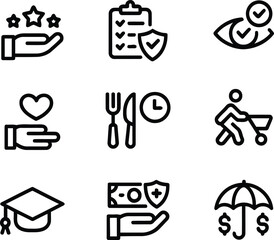 A Collection of Diverse Business and Finance Icons Representing Success, Protection, Time Management, Shopping, Education, Financial Planning and Professional Growth and Improvement