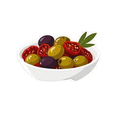 Pixel Art Still Life with Olives and Dried Tomatoes in a White Bowl Against White Background Food Illustration
