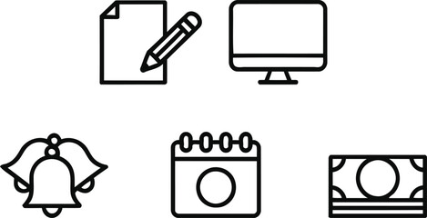Assorted Business and Holiday Icons Document Writing Computer Bells Calendar and Money Representing Varied Themes in a Minimalist Style