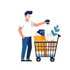 Cartoon Man Scanning Products in Shopping Cart with White Background