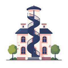 Pixel Art Illustration of a Light Pink Two Story Building with a Dark Blue Spiral Staircase and Roof Tower Isolated on White