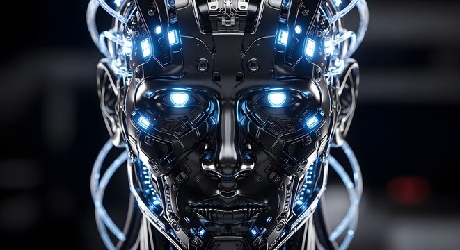 Futuristic Robot Portrait Close-up of a metallic cyborg face with glowing blue eyes and technology elements