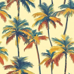 Retro seamless pattern with colorful palm trees on cream background, perfect for vintage summer designs.