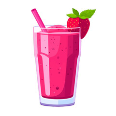 Vibrant Pink Strawberry Smoothie in Clear Glass with Green Leaf and Straw on Clean White Background