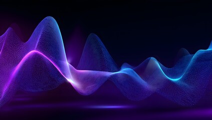 Abstract glowing digital waveform visualization with vibrant neon purple and blue light particles against a dark background representing data flow and sound waves