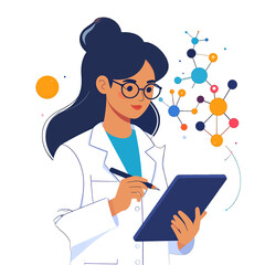 Illustration of a Dark Haired Woman in Lab Coat Holding a Clipboard with Colorful Molecular Structure on White Background Vector Graphic