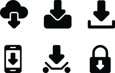 Various Download Icons Displaying the Concept of Downloading and Retrieving Data From the Internet or a Cloud Storage Facility to a Device