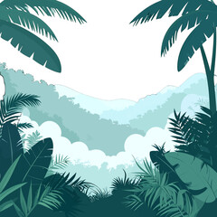 Detailed Forest Canopy Vector Illustration With Palm Tree Silhouettes And Foliage In Teal And Green Hues Against Mountainscape Background Vector Illustration