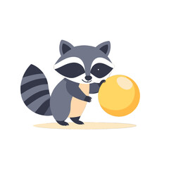 Cartoon Raccoon Holding a Yellow Ball on White Background Animal Character with Gray Furry Tail and Beige Body Children Illustration Style