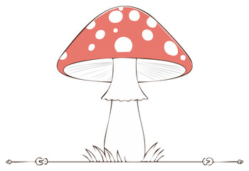 Whimsical illustration of a red and white spotted mushroom in the grass