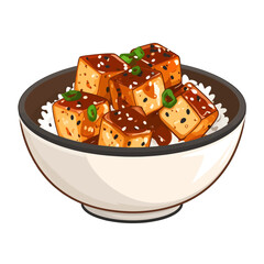 Pixelated Tofu Bowl with Rice and Sesame Seeds Against a White Background