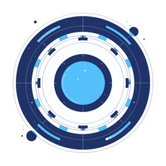 Circular Blue Gradient Abstract Graphic with Concentric Rings and Geometric Accents on White Background