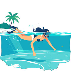 Woman Snorkeling in Turquoise Sea near Tropical Island with Palm Tree Pixel Art Style Illustration for Underwater Adventure and Summer Vacation