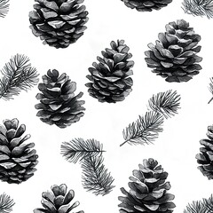 Minimal seamless pinecone pattern in black and white, perfect for modern holiday or winter themes.