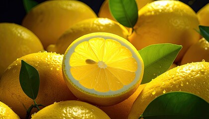 Fresh lemons, close-up, vibrant yellow, wet, sliced, and whole