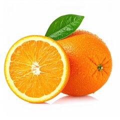 Two fresh oranges, one sliced, on white background