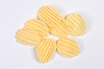 A small pile of ridged, light-yellow potato chips are scattered on a plain white background