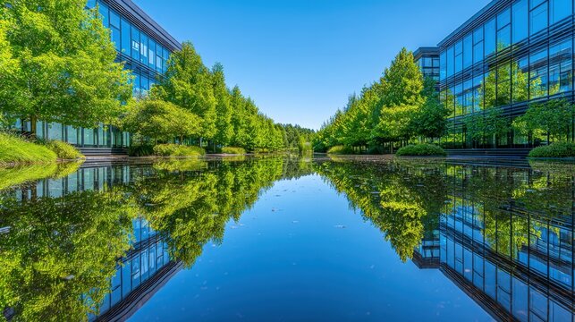 Captivating scene showcases an elegant modern building with reflective glass windows mirroring lush green trees on a serene, blue water surface, under a vibrant, clear, sunny sky, conveying a sense...
