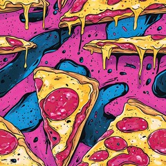 Seamless pop art pizza pattern in vibrant neon colors, perfect for modern street-style design.