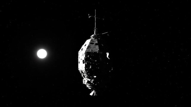 Abandoned space probe orbits isolated star in vast empty system. Futuristic deep space exploration concept showing silent cosmic drift. Digital animation footage.