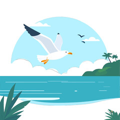 Fototapeta premium Pixel Art Seagull Flying Over Turquoise Ocean Near Tropical Coastline with Palm Trees Under Bright Blue Sky Pixelated Serene Coastal Illustration