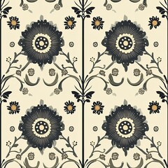 Seamless floral damask pattern in beige and black, vintage elegant wallpaper design.