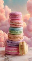 Pastel macarons stacked high against a dreamy, pink and blue sky backdrop, resting on a marble surface