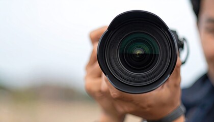Close-up of a person holding a camera lens,  focused on the lens elements.  Hand holding DSLR camera lens, blurred background